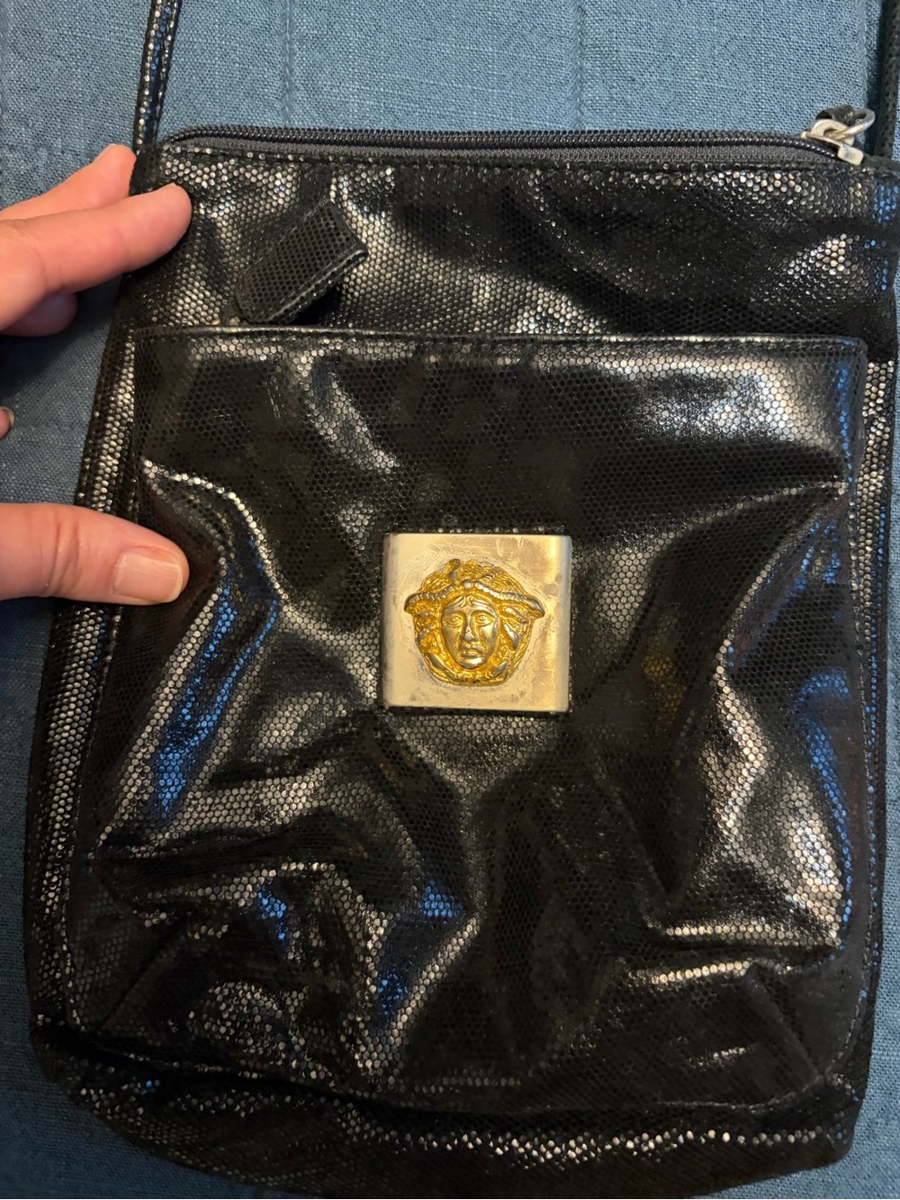 Black Shiny Crossbody Bag with Gold Medallion